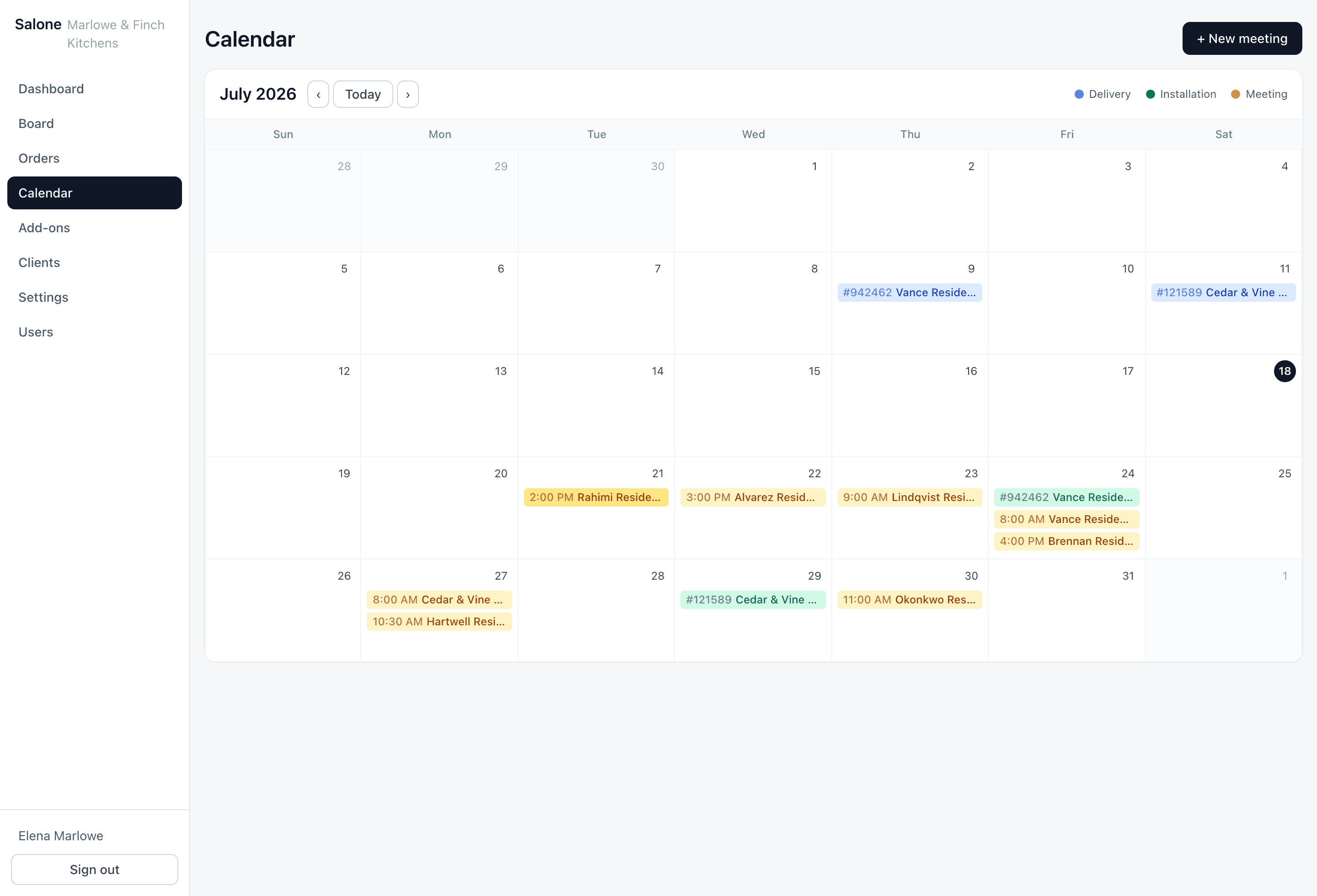 The Salone month calendar showing delivery, installation and meeting entries.
